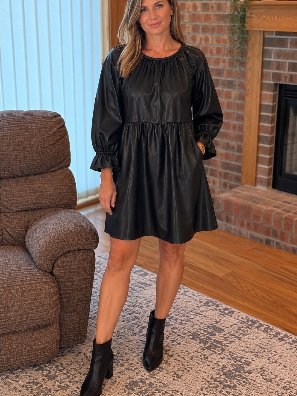 First Love Black Faux Leather Puff Sleeve Mini Dress